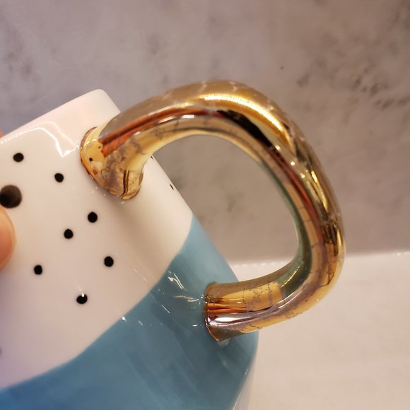 Indigo blue, white and black spotted 22oz coffee tea mug with gold handle - Picture 3 of 5